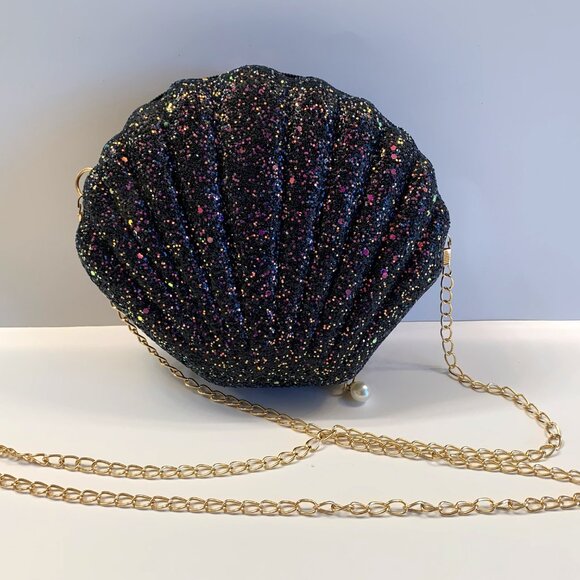 Glam Clam / Sparkle Seashell Crossbody Handbag /Black w/ Multi Color- NWT - Picture 4 of 9